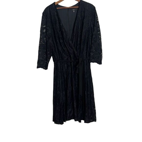 R&K Lace Wrap 3/4 Sleeve A Line Midi Dress Black Size 24W Plus - Picture 2 of 9